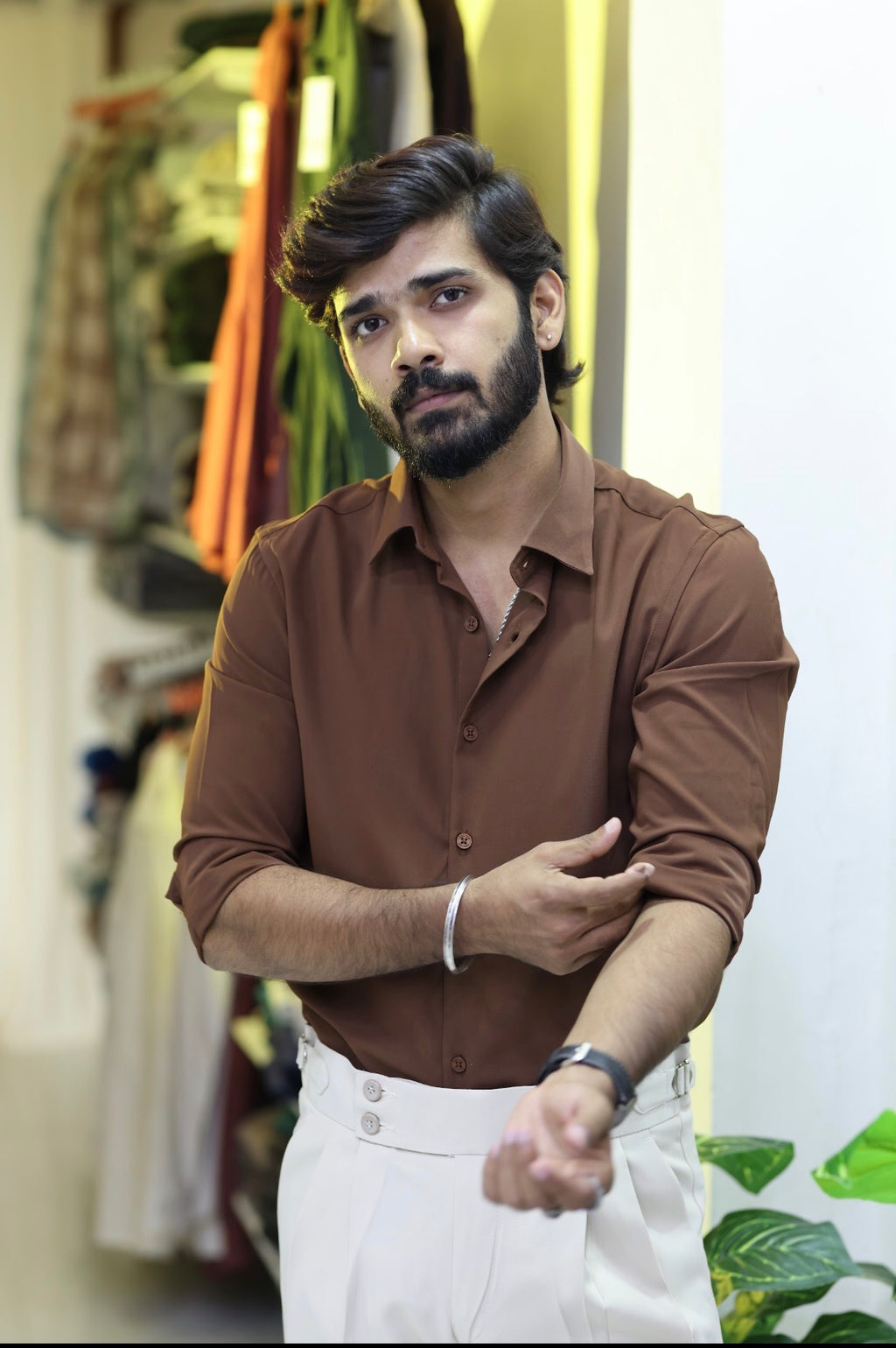 Brown Formal Plain Full-Hand Shirt