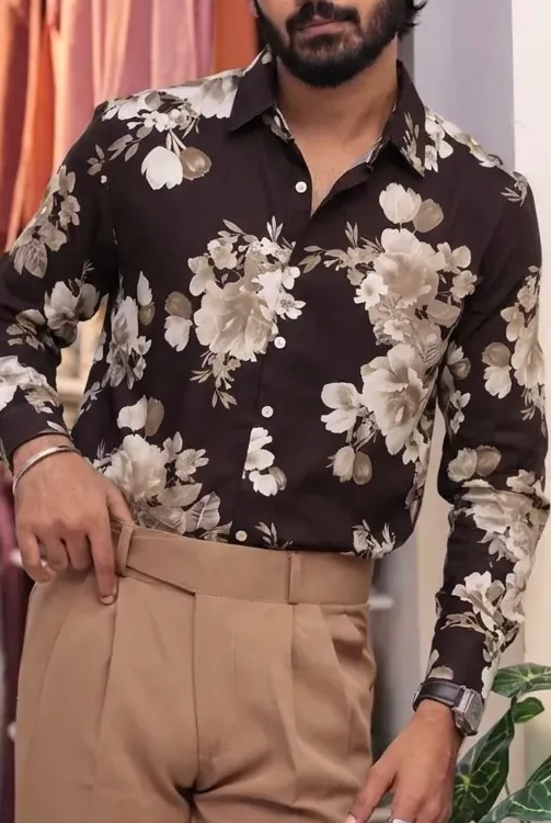 Brown Printed Viscos Full-Hand Shirt