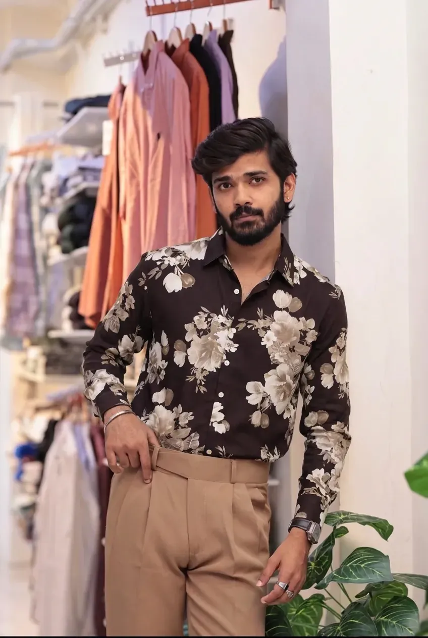 Brown Printed Viscos Full-Hand Shirt