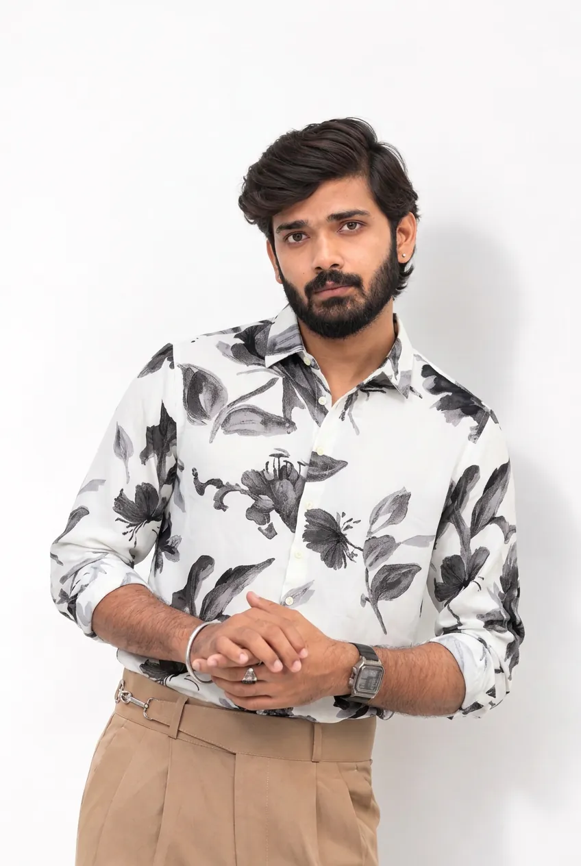 White Printed Viscos Full-Hand Shirt