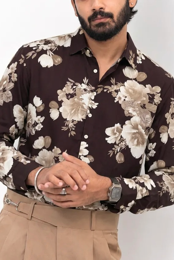 Brown Printed Viscos Full-Hand Shirt