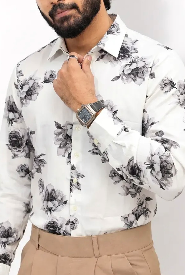 White Printed Viscos Full-Hand Shirt