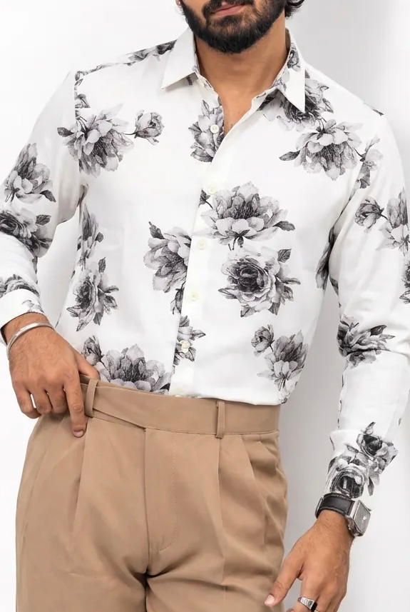 White Printed Viscos Full-Hand Shirt