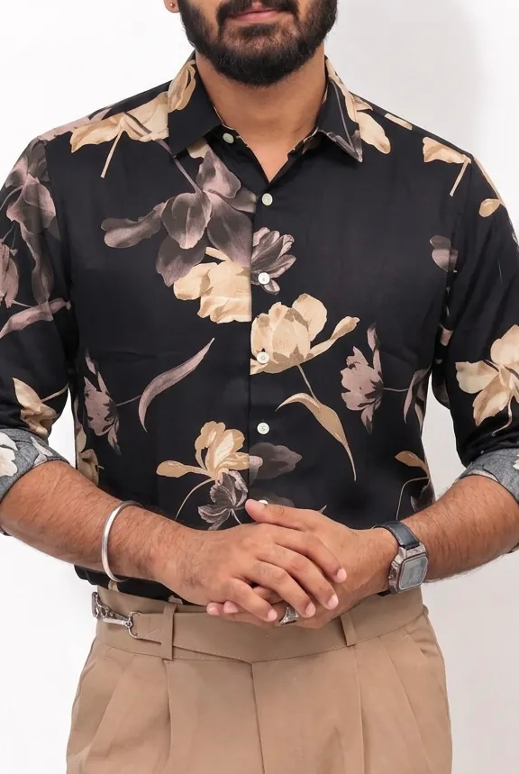 Black Printed Viscos Full-Hand Shirt