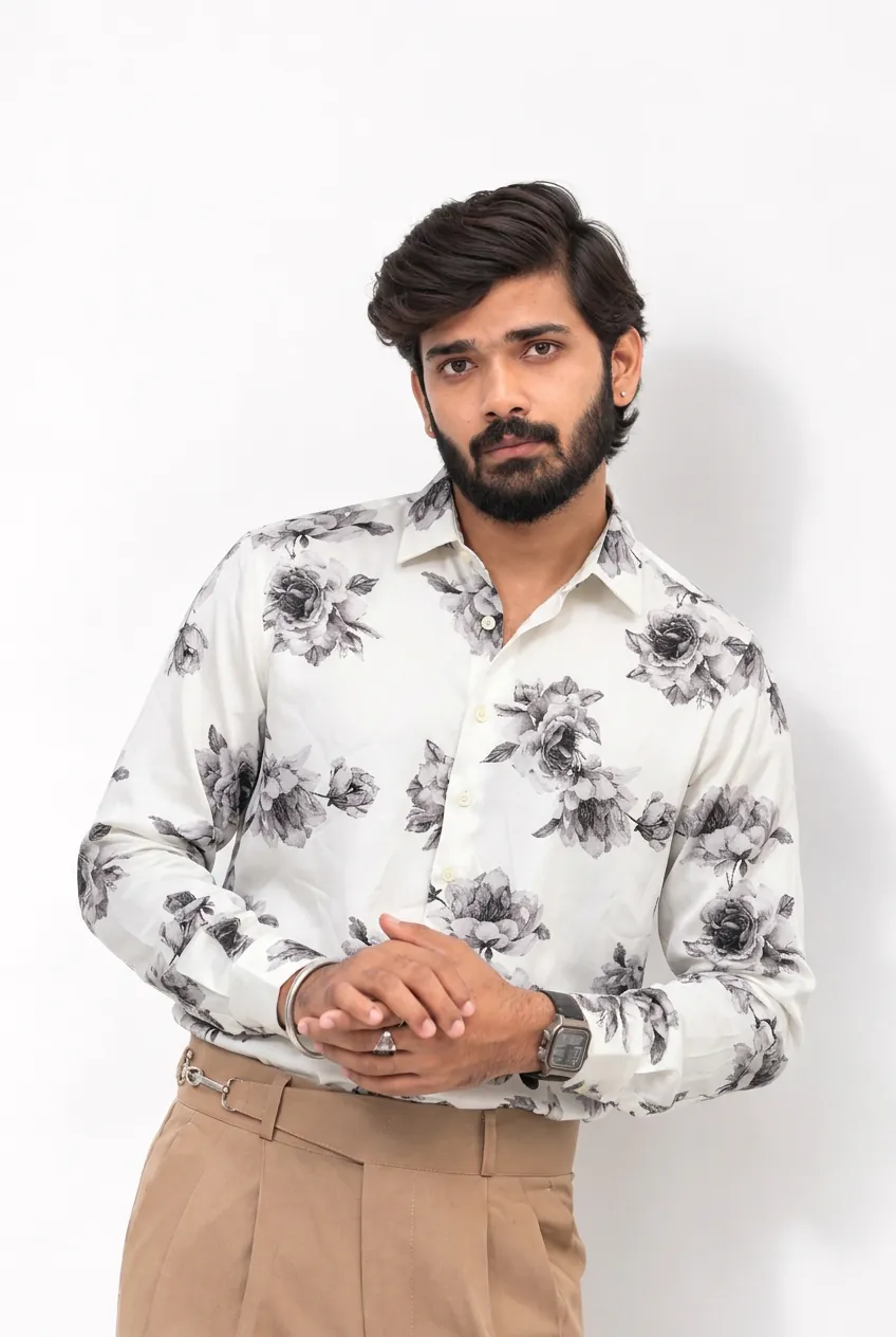 White Printed Viscos Full-Hand Shirt