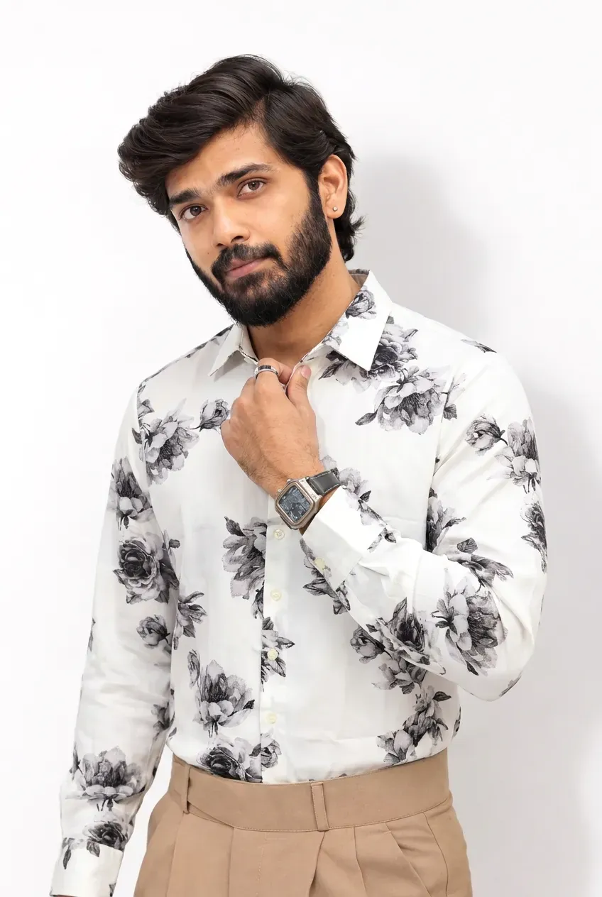 White Printed Viscos Full-Hand Shirt