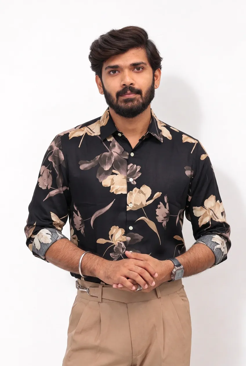 Black Printed Viscos Full-Hand Shirt