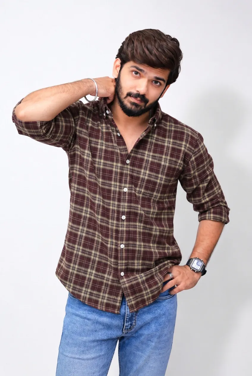 Brown Checked Full-Hand Shirt