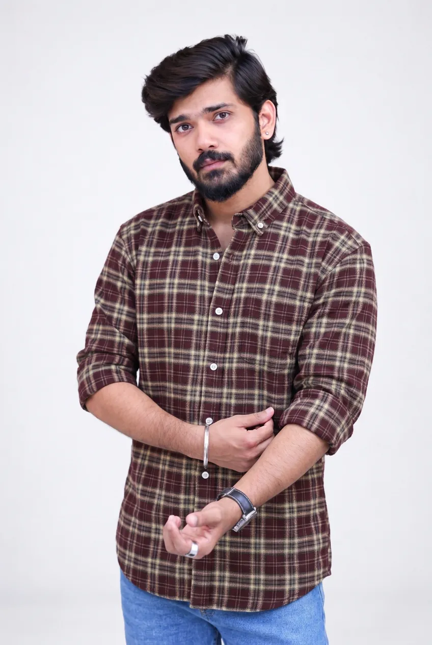 Brown Checked Full-Hand Shirt