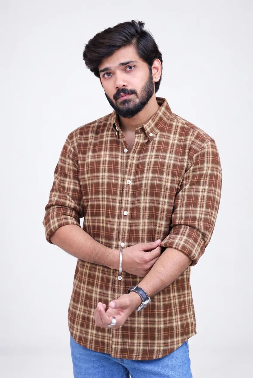 Brown Checked Full-Hand Shirt