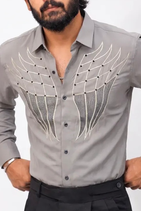 Grey Stone-Work Full-Hand Shirt