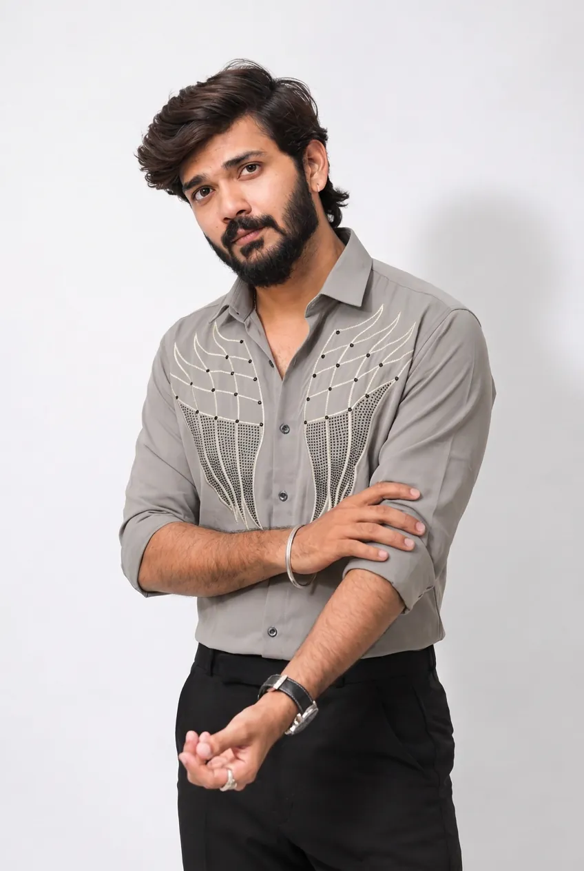 Grey Stone-Work Full-Hand Shirt