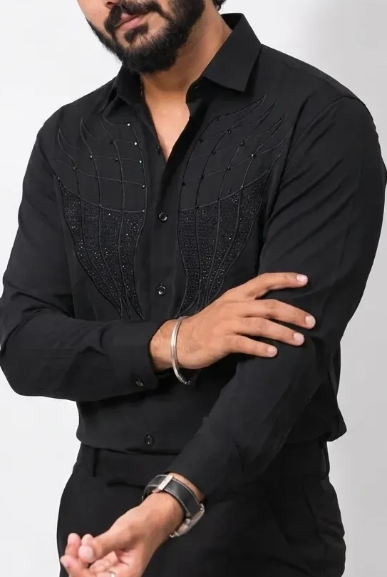 Black Stone-Work Full-Hand Shirt