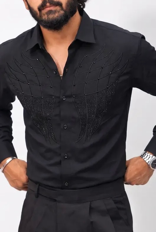 Black Stone-Work Full-Hand Shirt