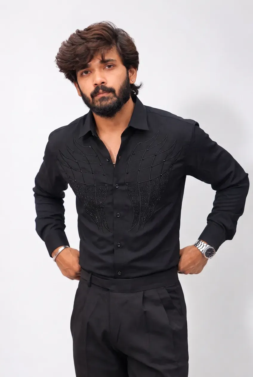Black Stone-Work Full-Hand Shirt