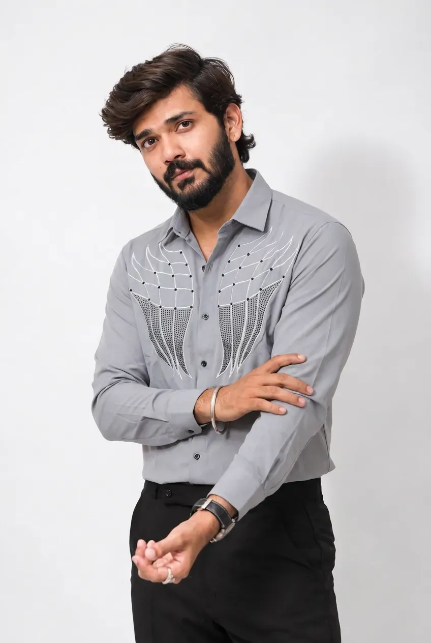Grey Stone-Work Full-Hand Shirt