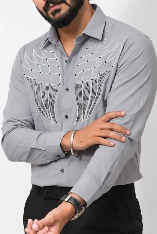 Grey Stone-Work Full-Hand Shirt