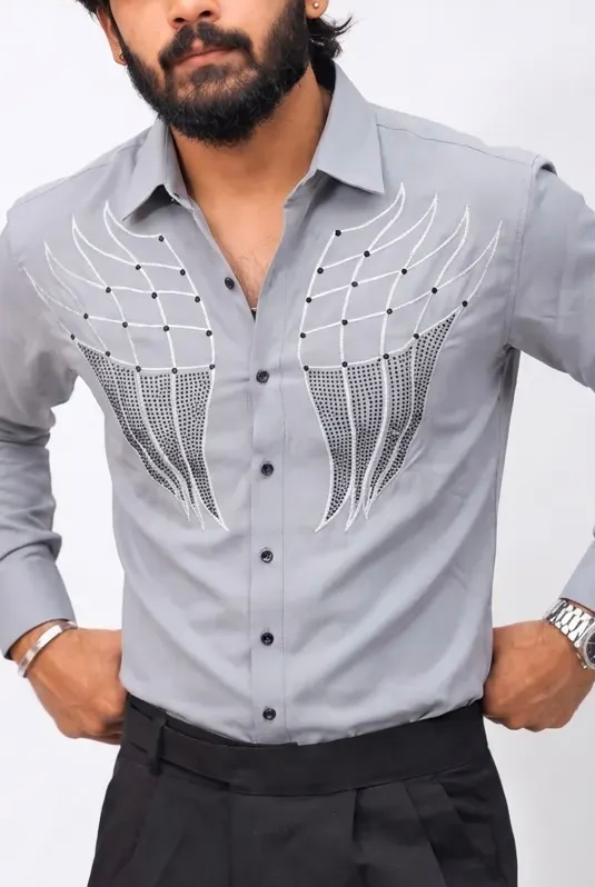 Grey Stone-Work Full-Hand Shirt