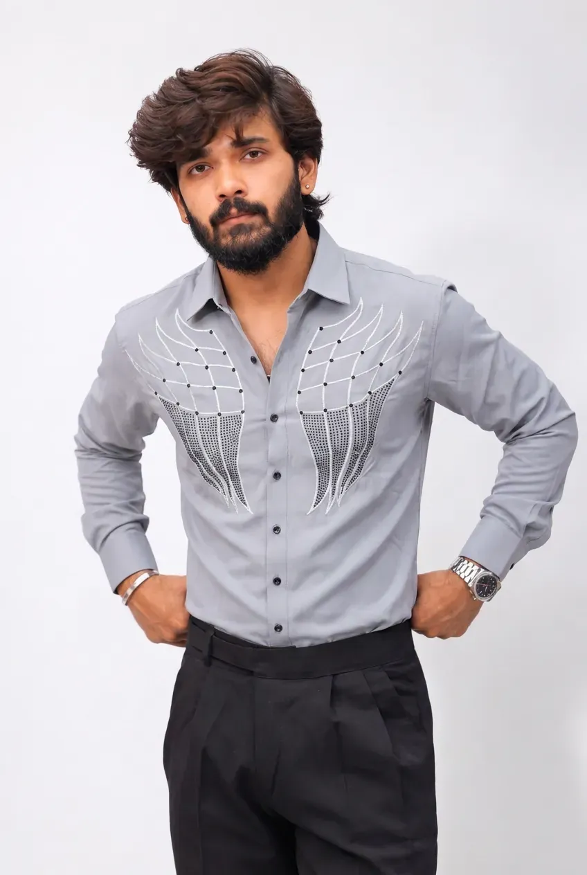 Grey Stone-Work Full-Hand Shirt