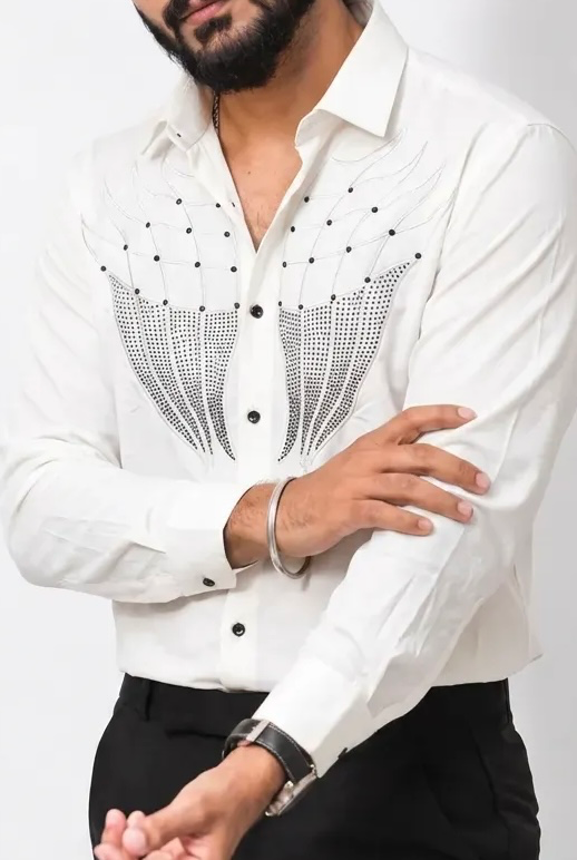 White Stone-Work Full-Hand Shirt