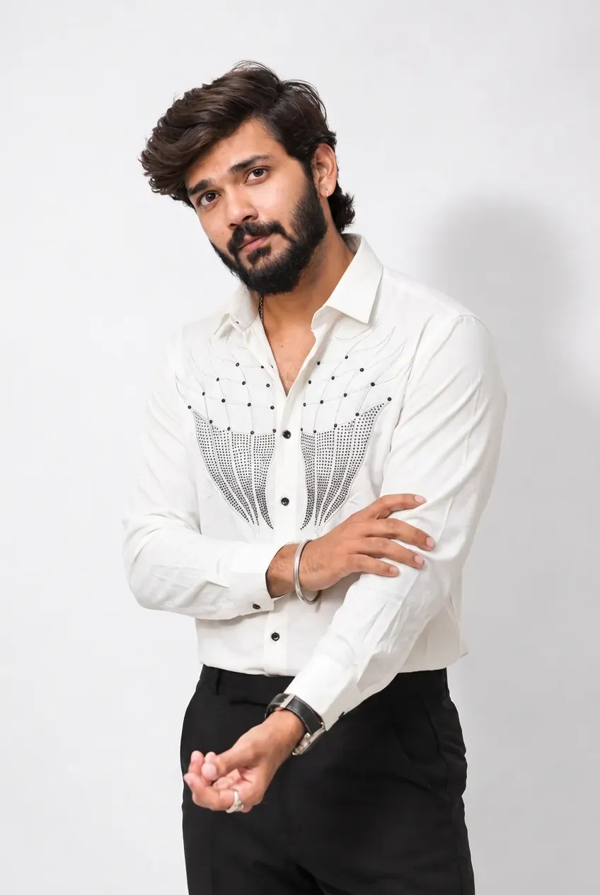 White Stone-Work Full-Hand Shirt