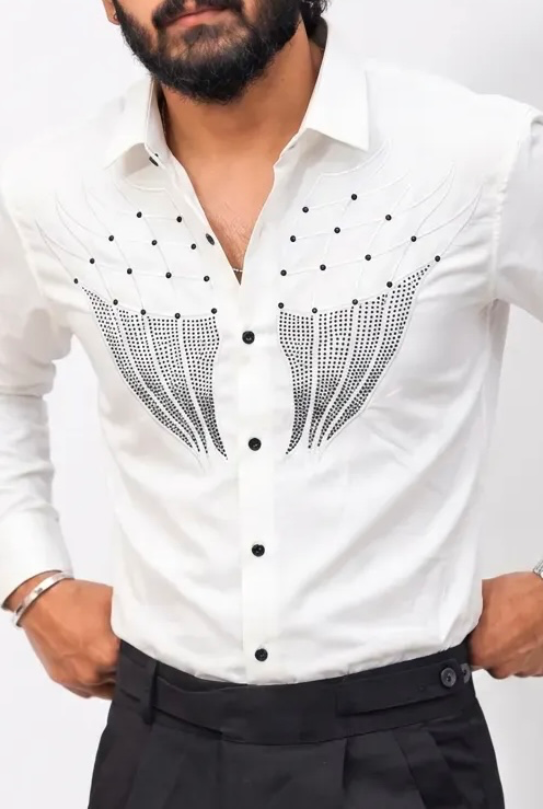White Stone-Work Full-Hand Shirt