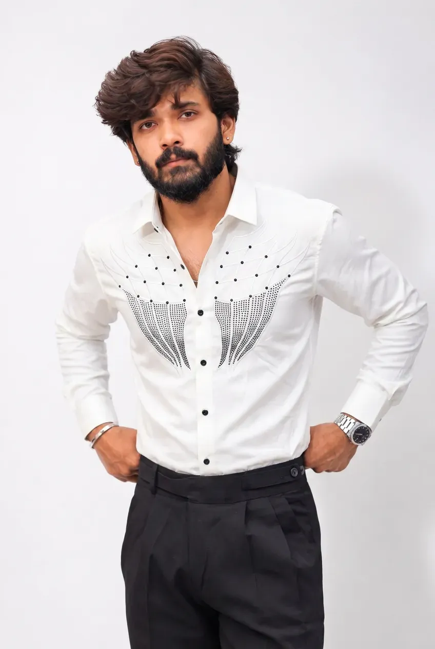 White Stone-Work Full-Hand Shirt