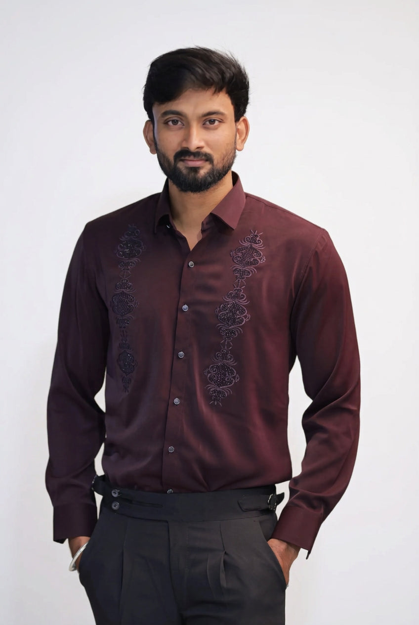 Wine Stone-Work Party-Wear Shirt