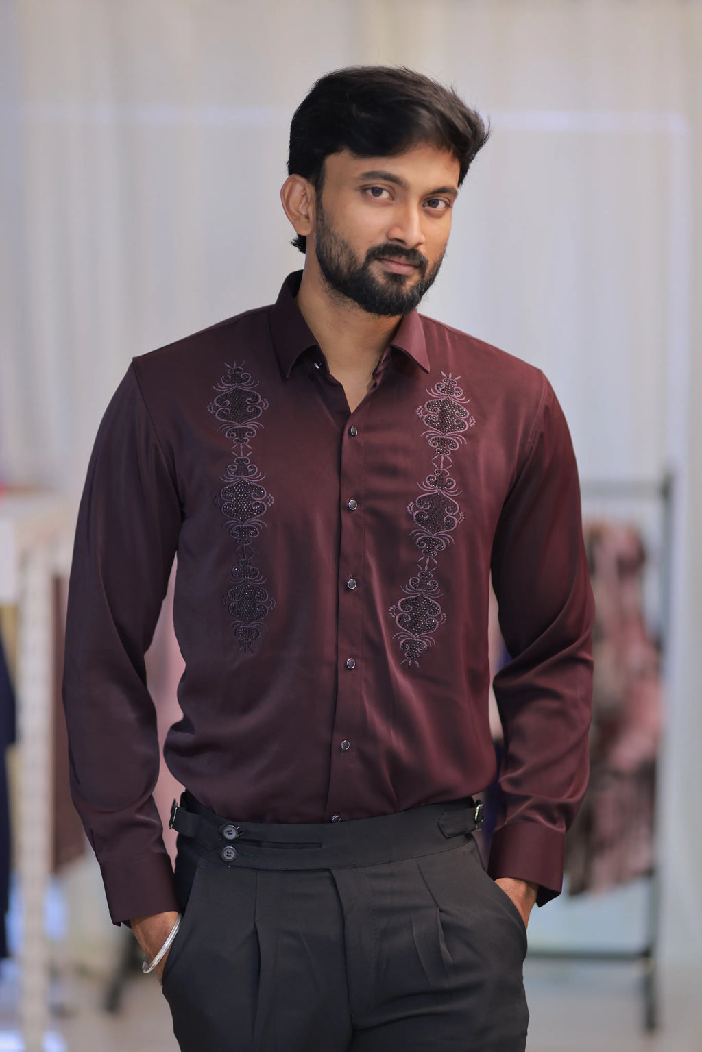 Wine Stone-Work Party-Wear Shirt