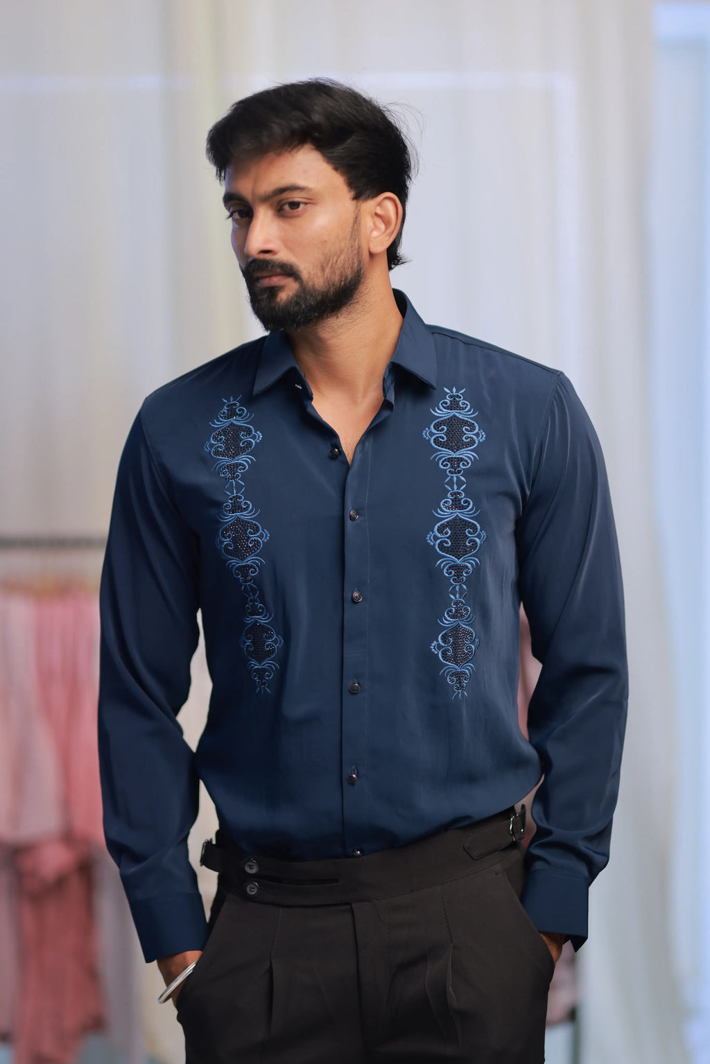 Blue Stone-Work Party-Wear Shirt