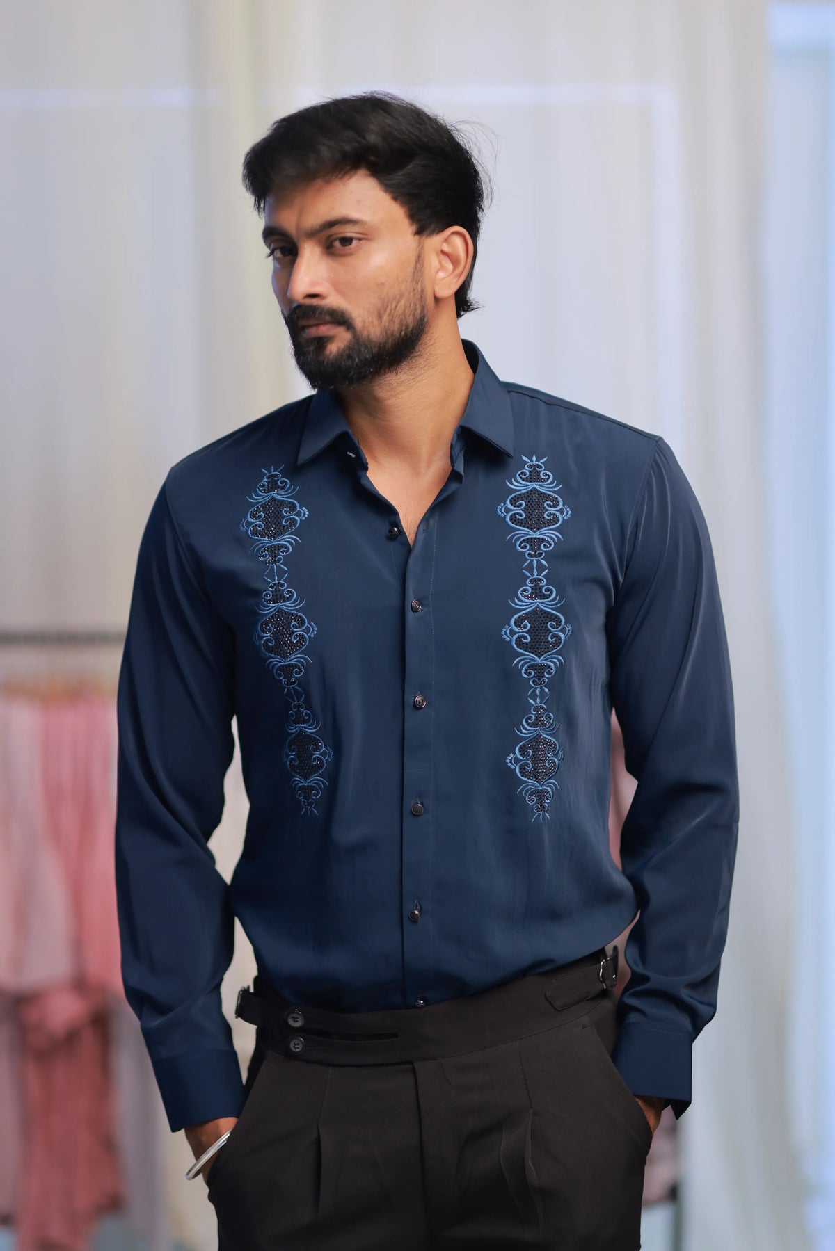 Blue Stone-Work Party-Wear Shirt