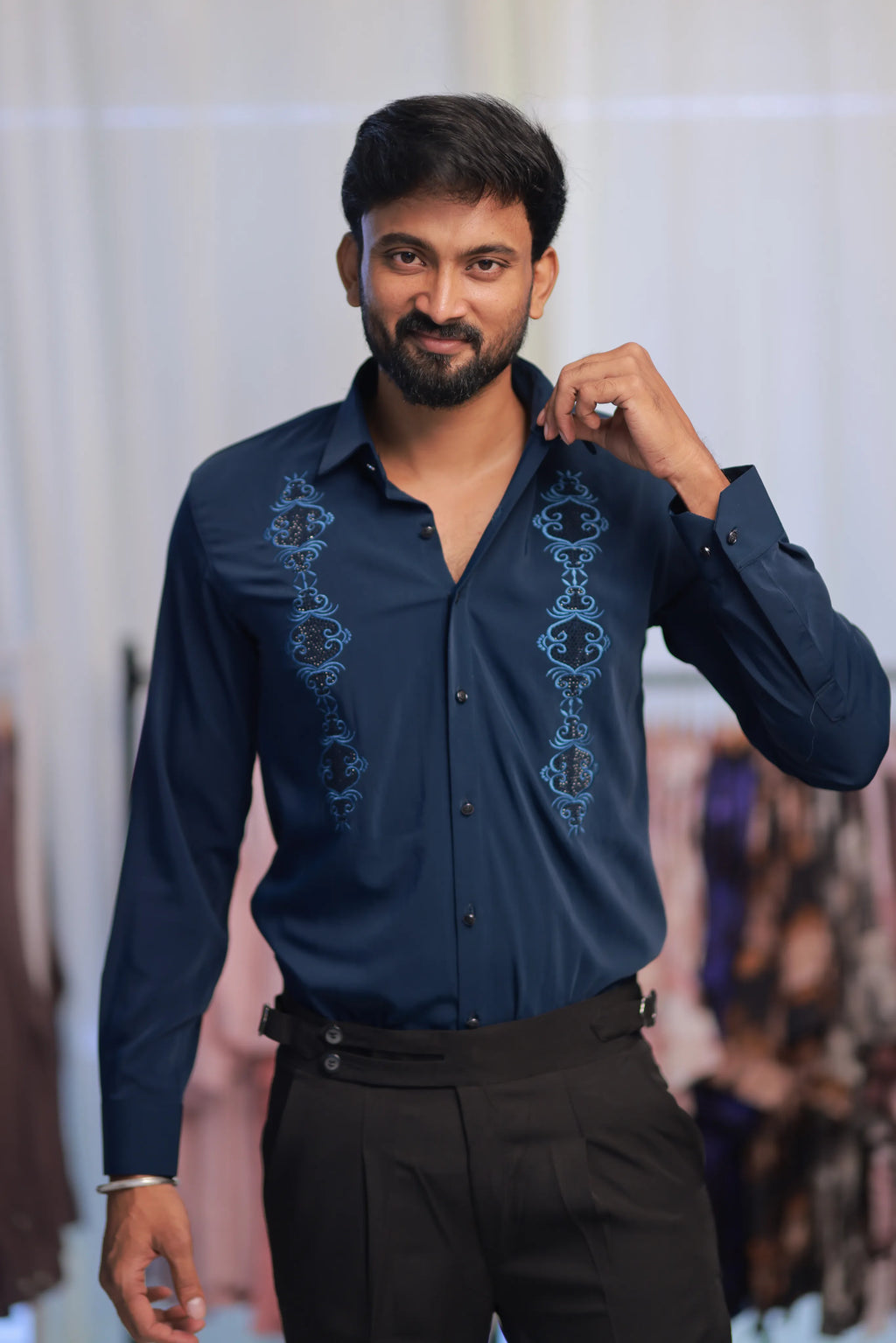 Blue Stone-Work Party-Wear Shirt
