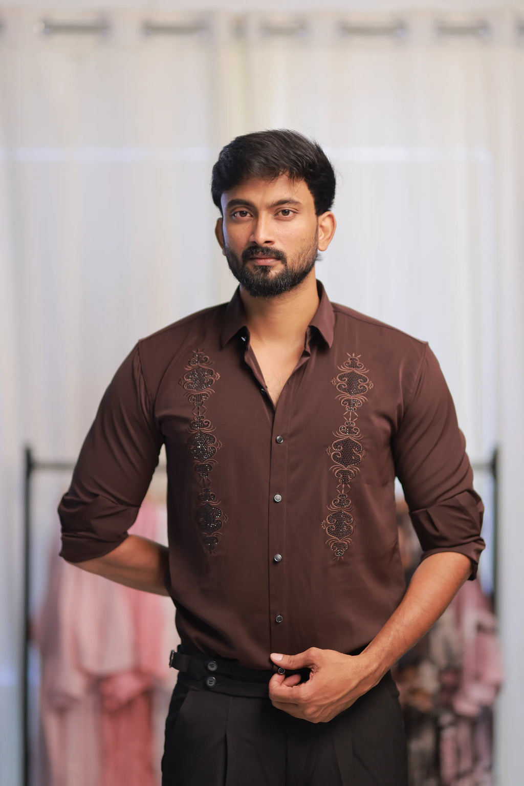 Brown Stone-Work Party-Wear Shirt