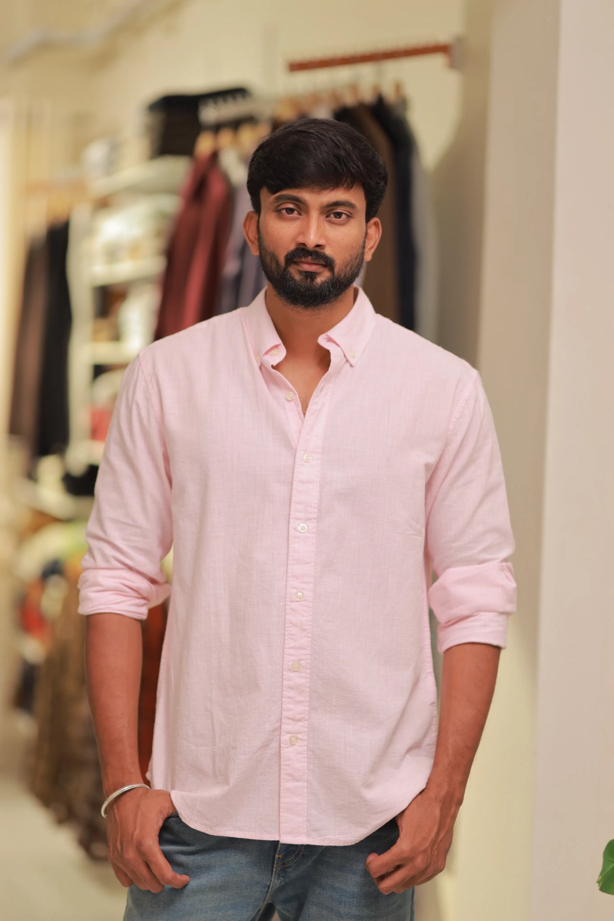 Pink Linen Striped full-Hand Shirt