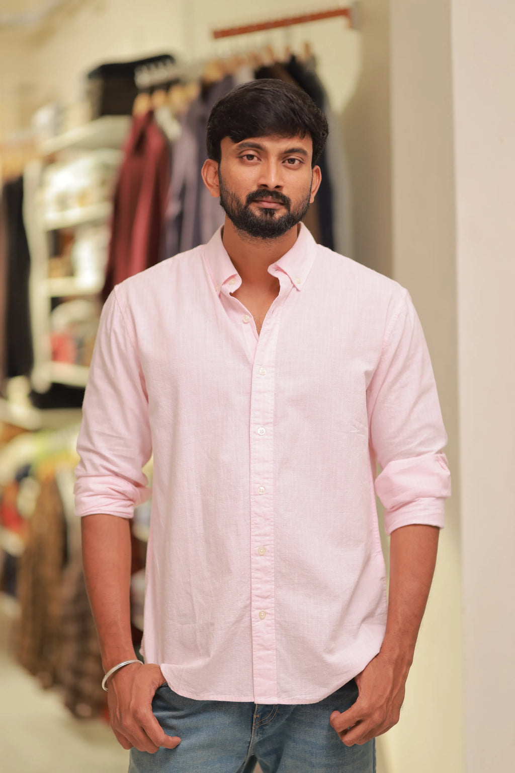 Pink Linen Striped full-Hand Shirt