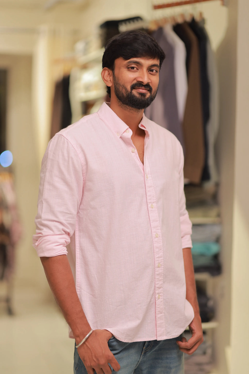 Pink Linen Striped full-Hand Shirt