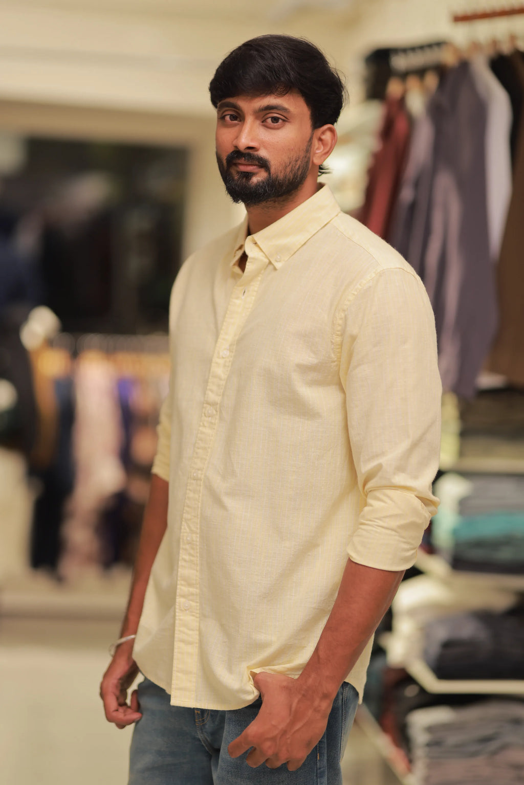 Yellow Linen Striped Full-Hand Shirt