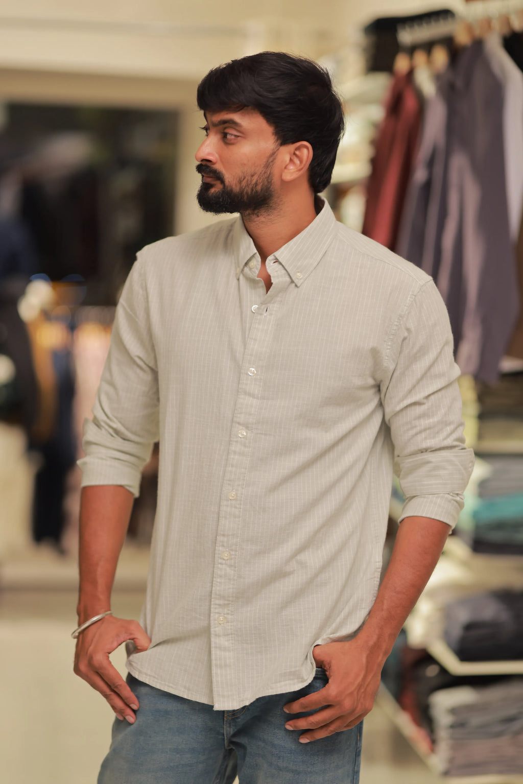 Green Linen Striped Full-Hand Shirt
