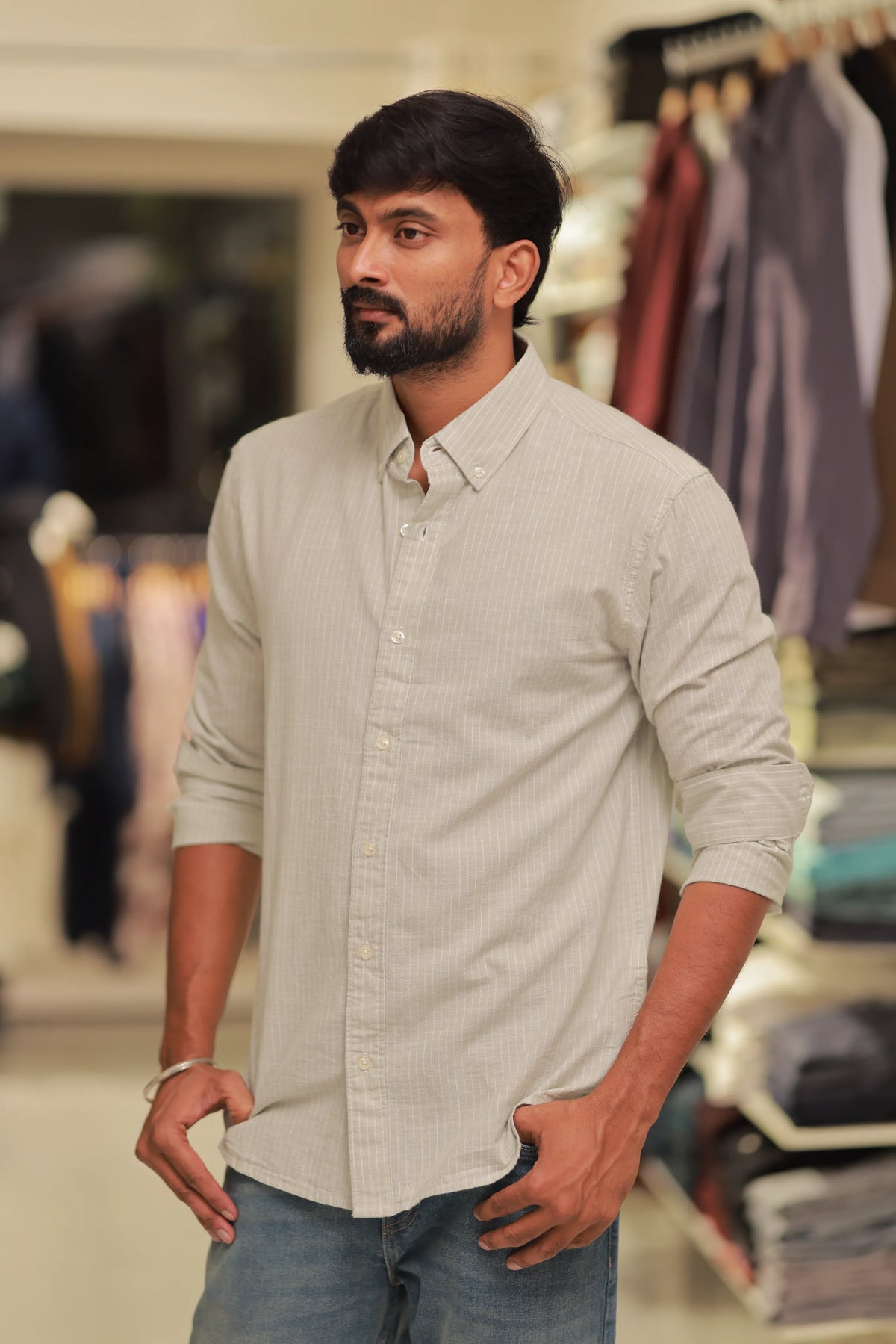 Green Linen Striped Full-Hand Shirt