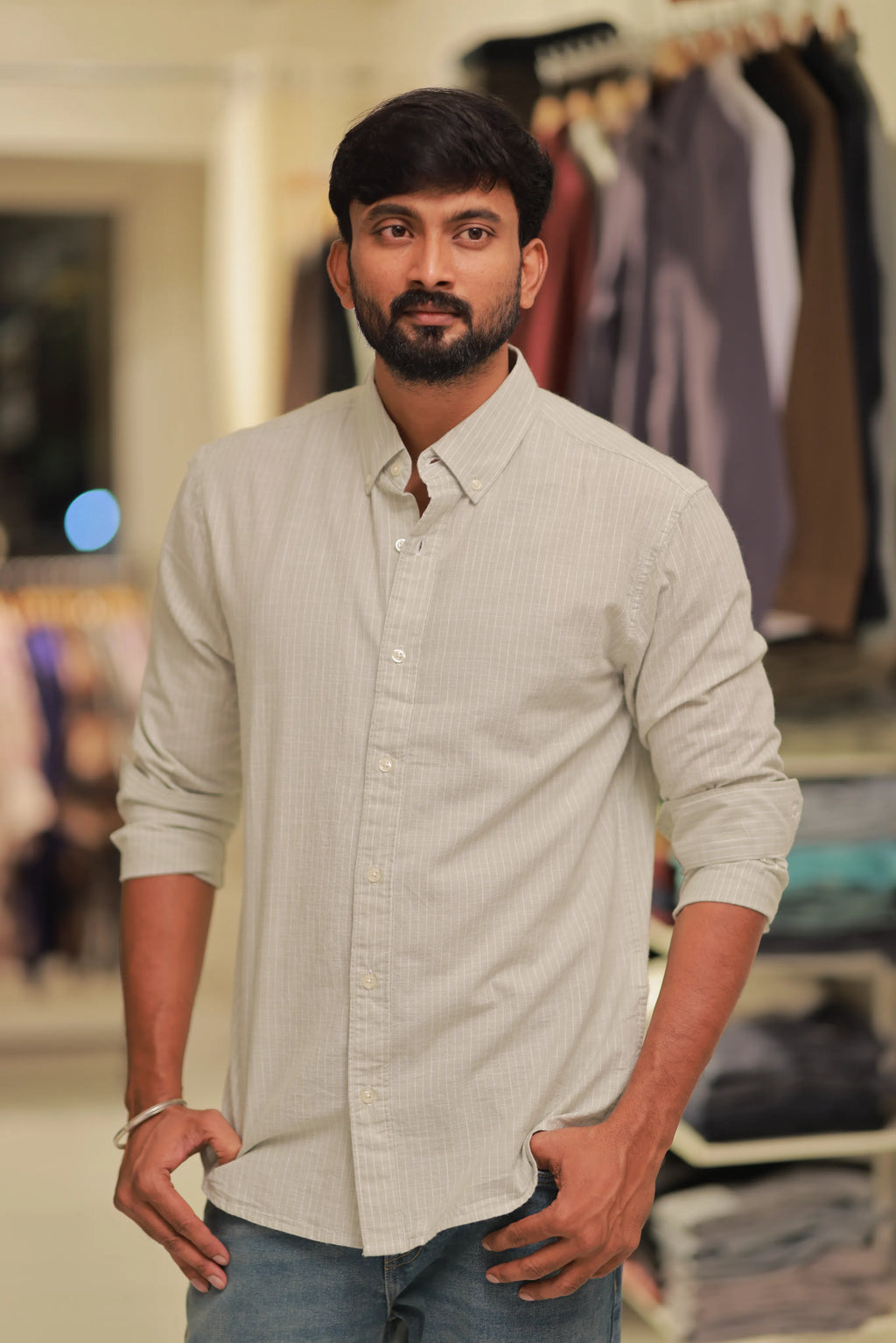 Green Linen Striped Full-Hand Shirt