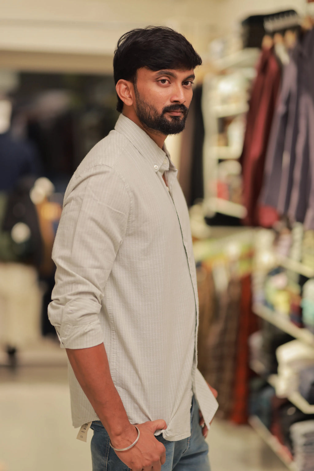 Green Linen Striped Full-Hand Shirt
