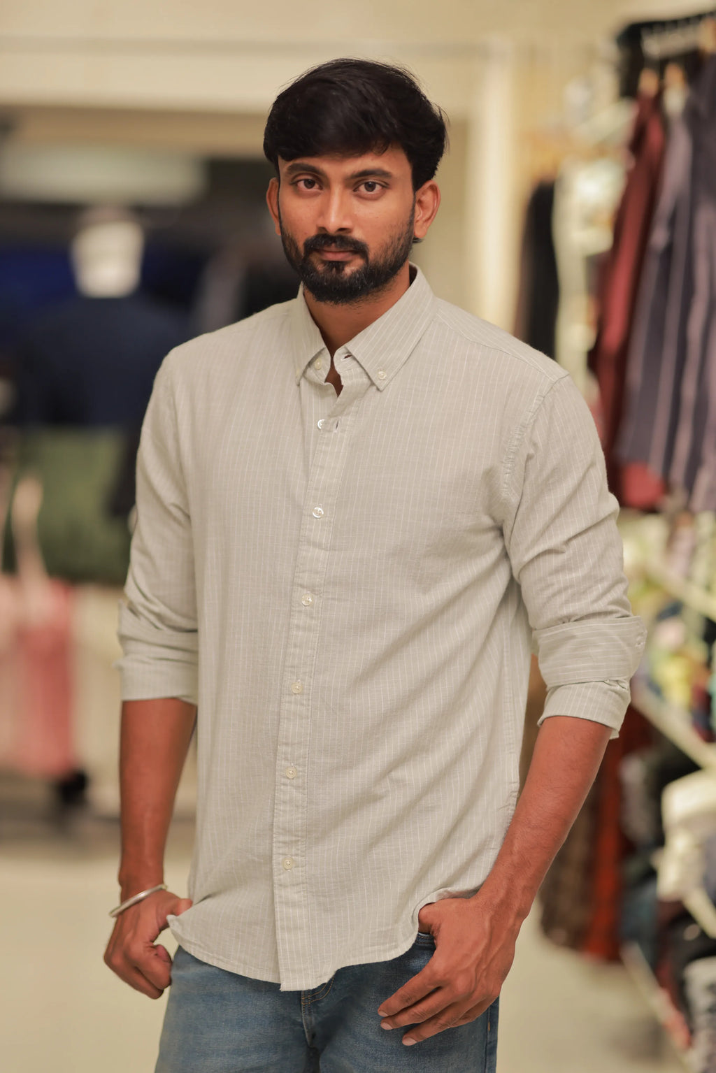 Green Linen Striped Full-Hand Shirt