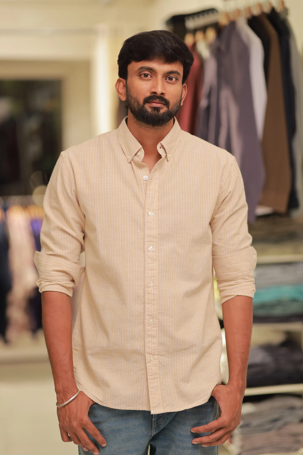 Sandal Linen Striped Full-Hand Shirt