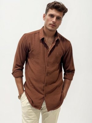 Brown Linen Crushed Regular Fit Shirt