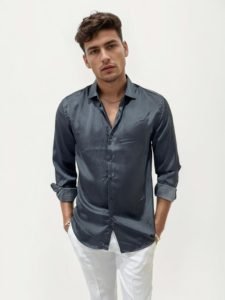 Black Satin Slim Fit Printed Shirt