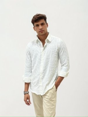 White Self Texture Slim Fit Shirt