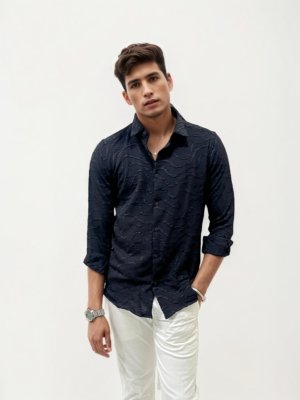 Black Self Texture Slim Fit Shirt