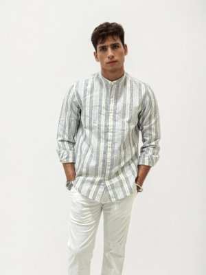 Striped Linen Mandarin Collar Shirt