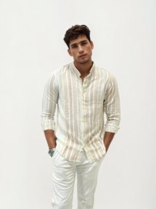 Striped Linen Mandarin Collar Shirt