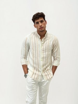 Striped Linen Mandarin Collar Shirt